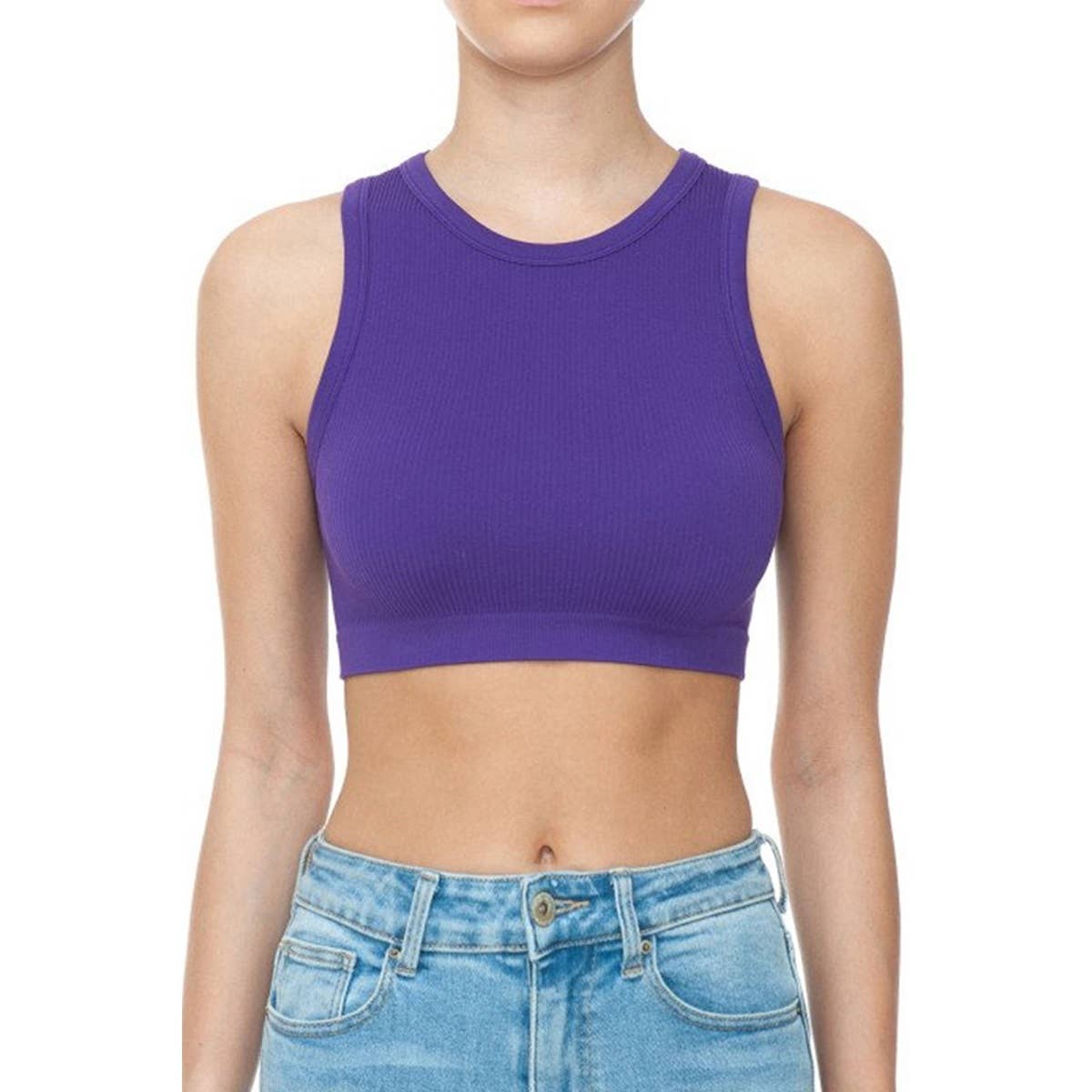 RIBBED ROUND NECK CROP SEAMLESS TANK TOP