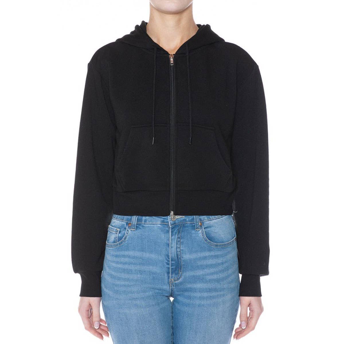FLEECE LONG SLEEVE ZIP UP CROP HOODIE JACKET