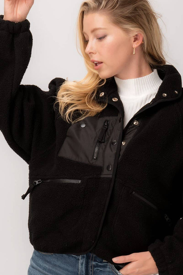 SHERPA FLEECE SNAP BUTTON ZIP POCKET JACKET