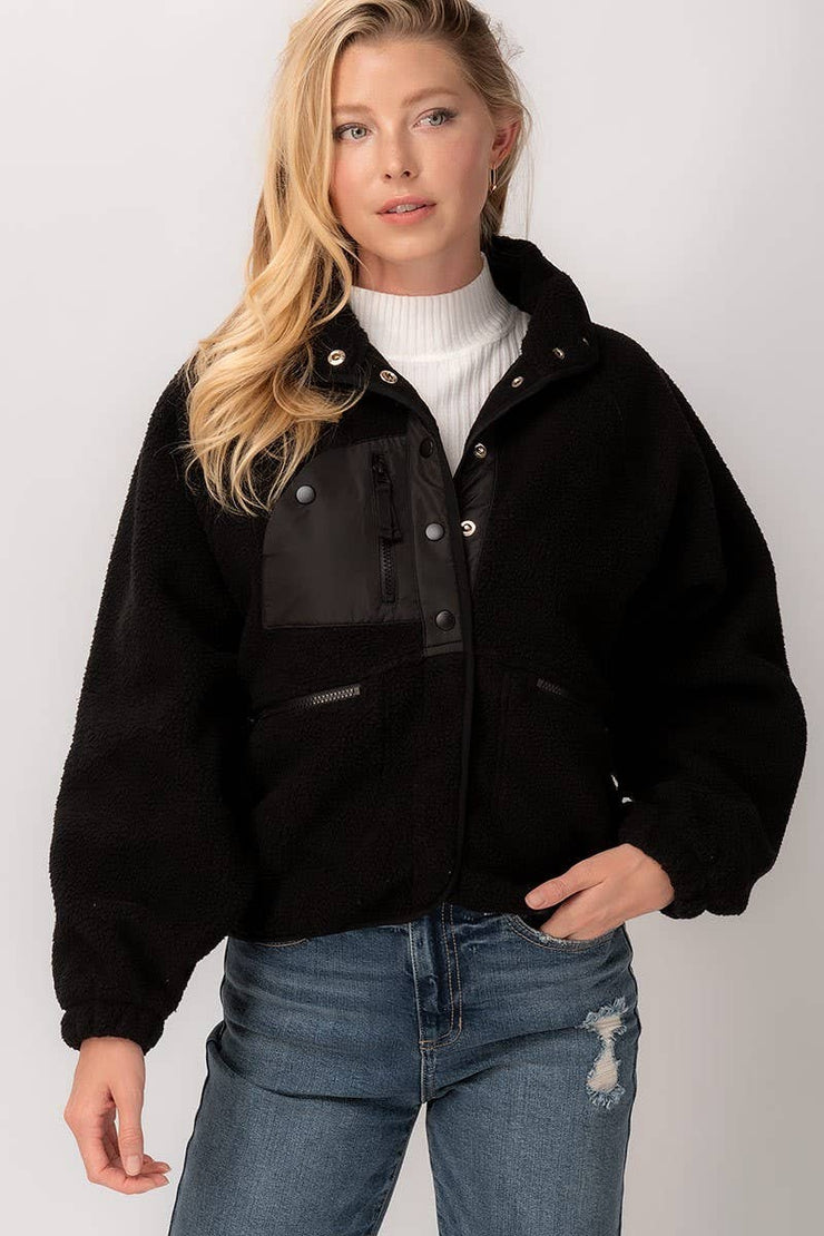 SHERPA FLEECE SNAP BUTTON ZIP POCKET JACKET