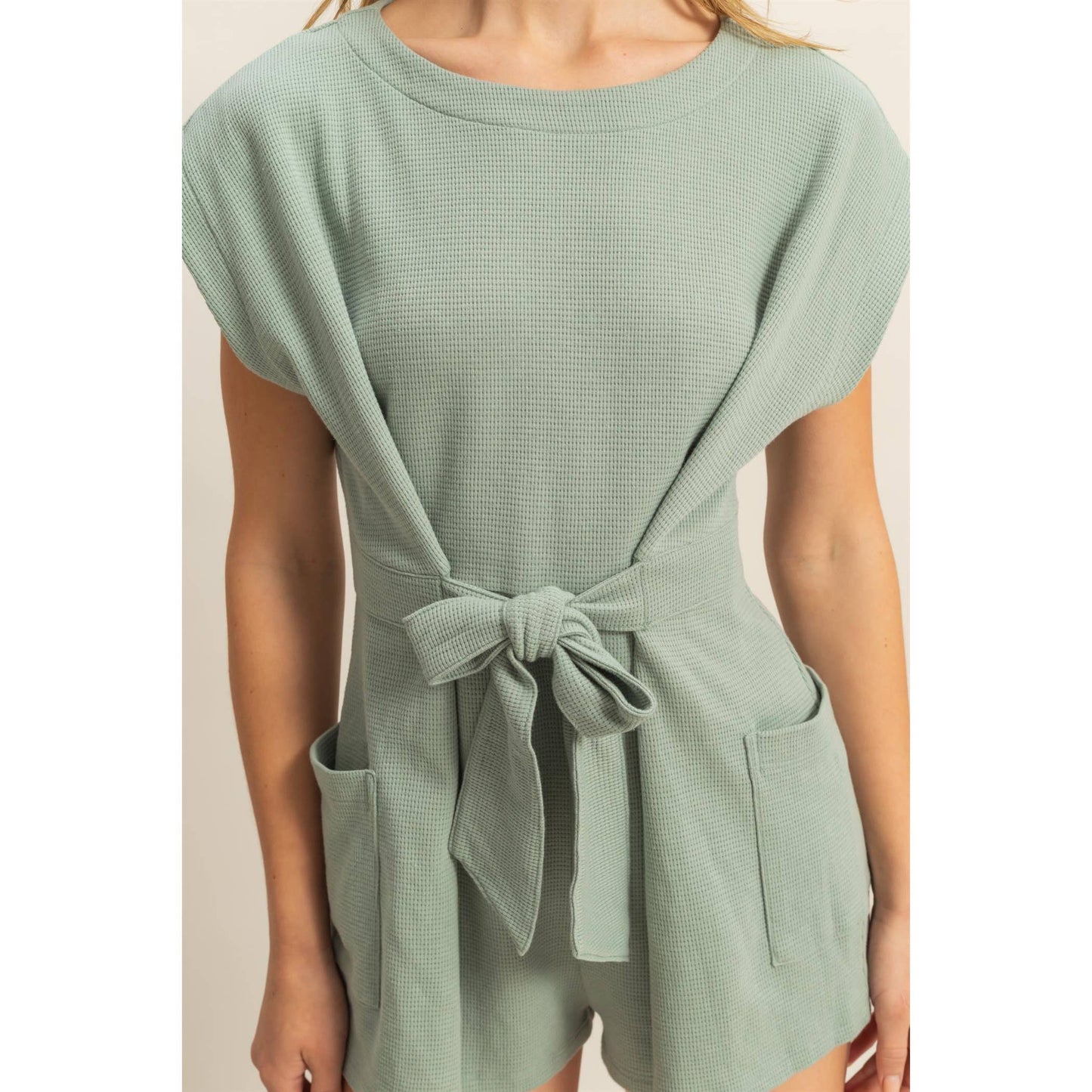 DZ25C387-Tie-Front Waffle Knitted Romper