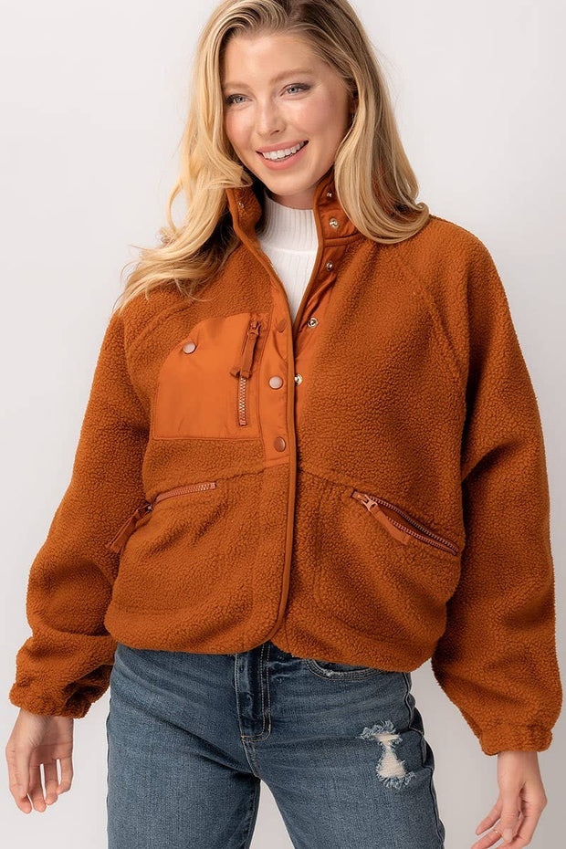 SHERPA FLEECE SNAP BUTTON ZIP POCKET JACKET