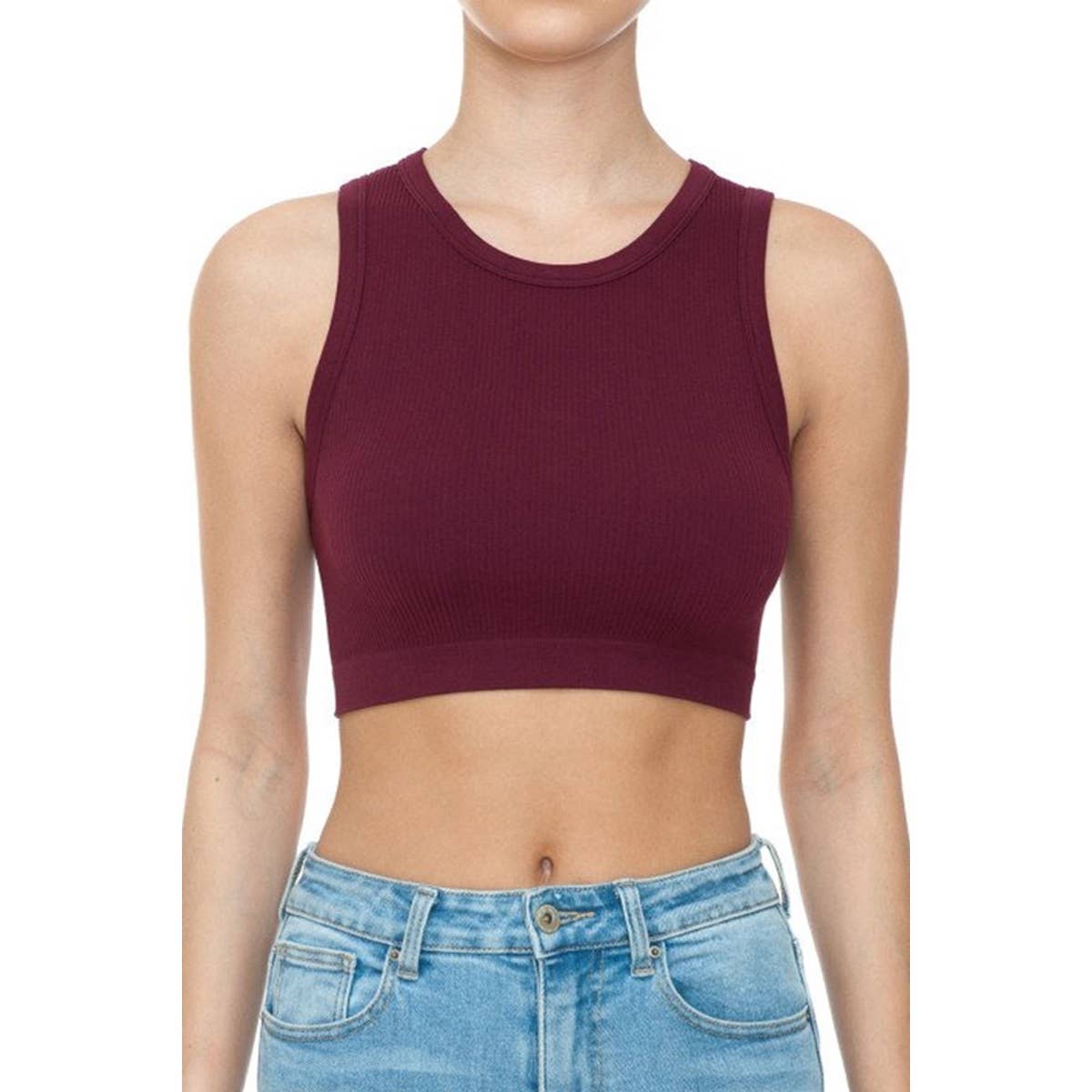 RIBBED ROUND NECK CROP SEAMLESS TANK TOP