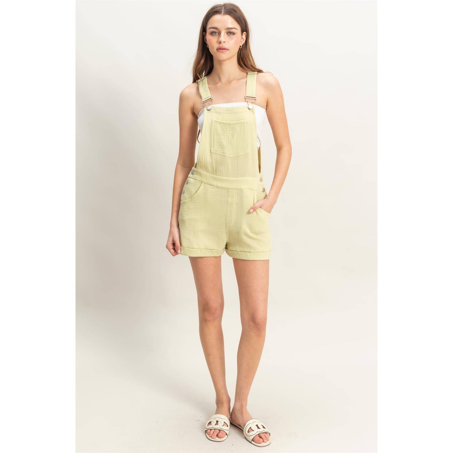 HF25C466-Double Gauze Front Pocket Overall Romper
