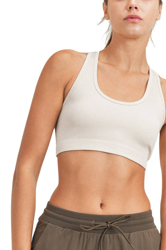 Ribbed Seamless Mineral-washed Racer Back Sports Bra
