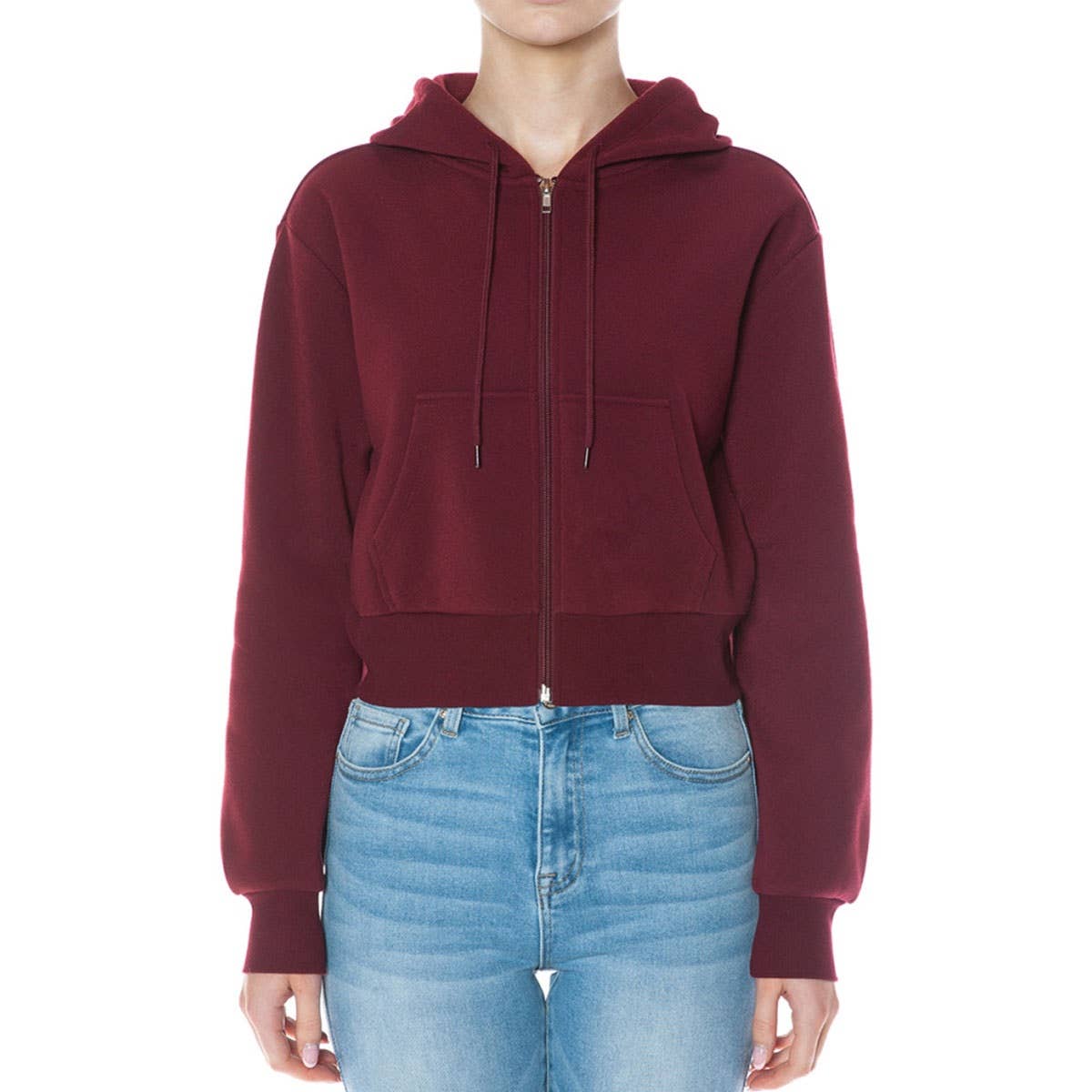 FLEECE LONG SLEEVE ZIP UP CROP HOODIE JACKET