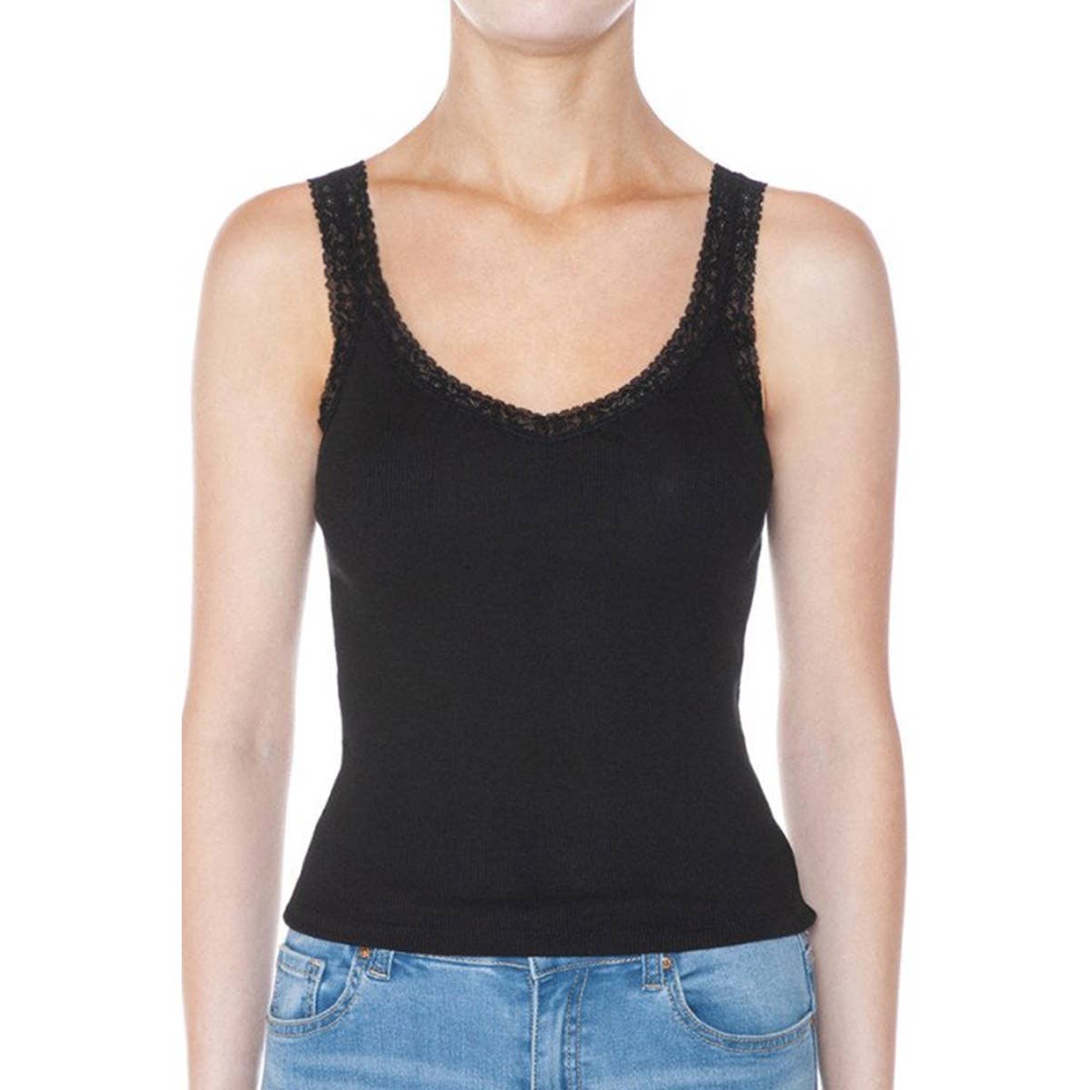 RIBBED V NECK LACE TRIMMED TANK TOP
