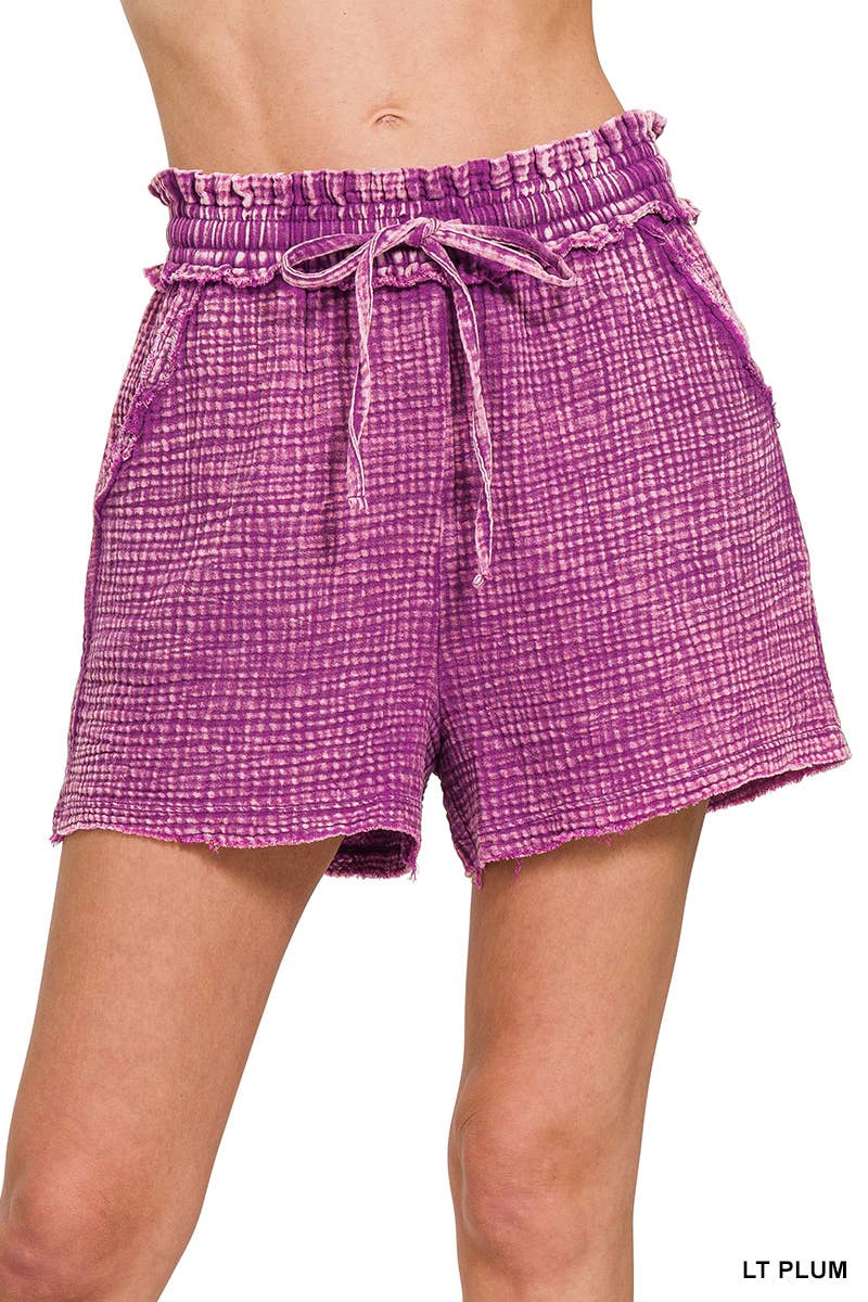 Washed Double Gauze Frayed Hem Drawstring Shorts