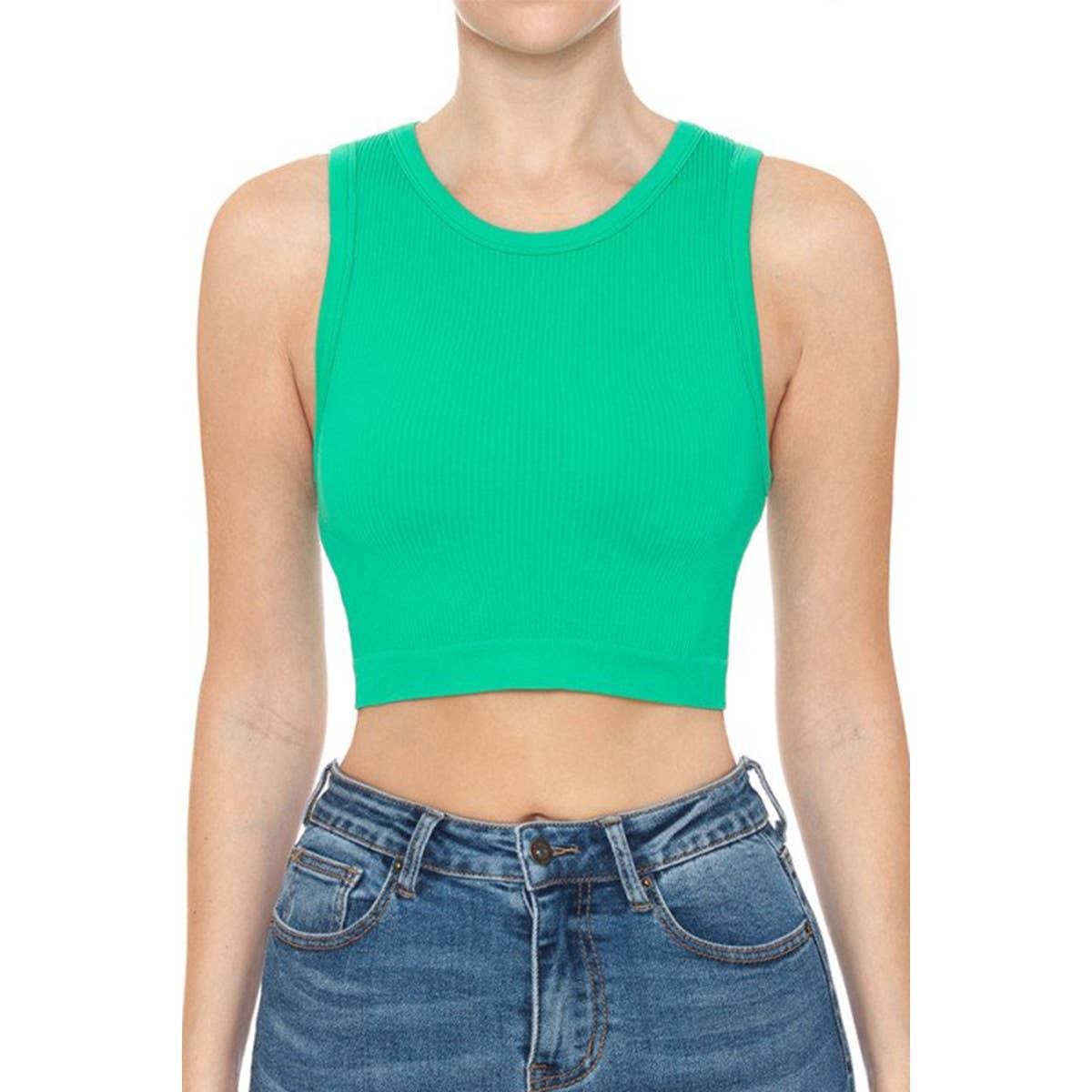 RIBBED ROUND NECK CROP SEAMLESS TANK TOP