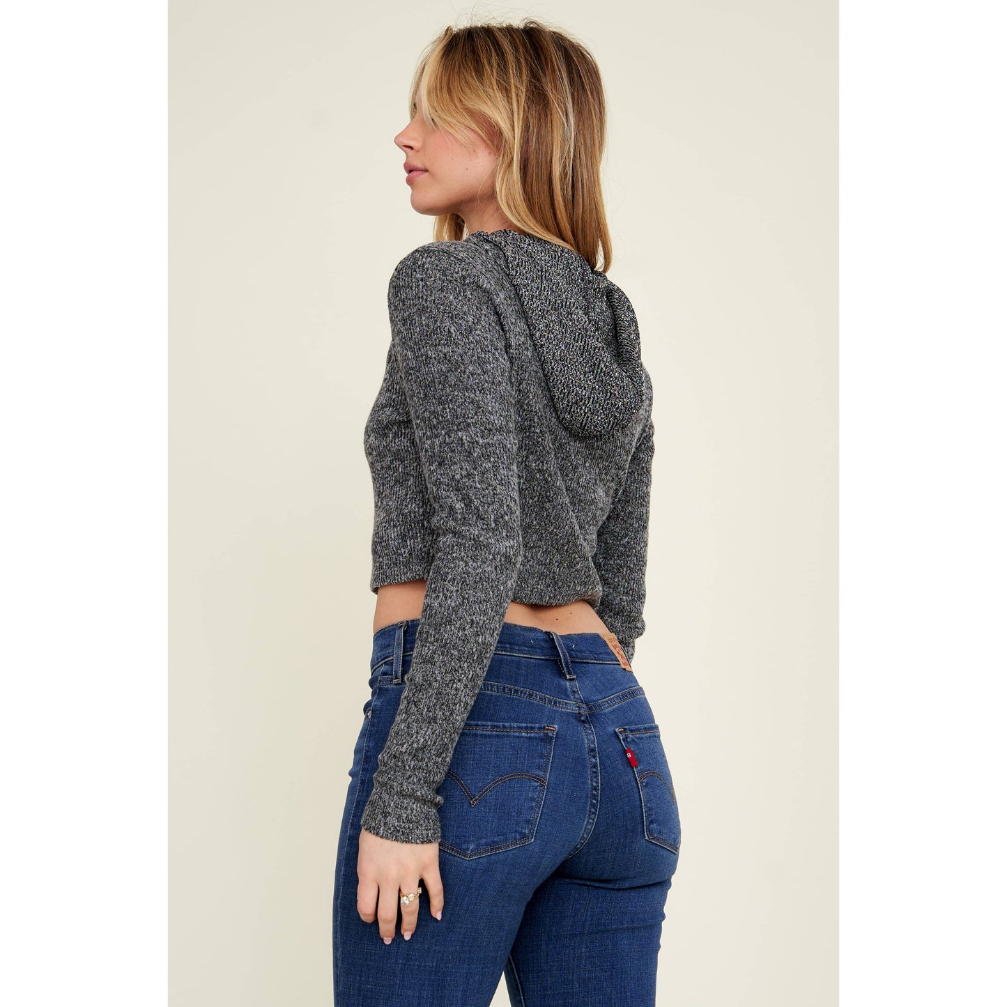 Hooded Zipper Front Rib Knit Cropped Jacket