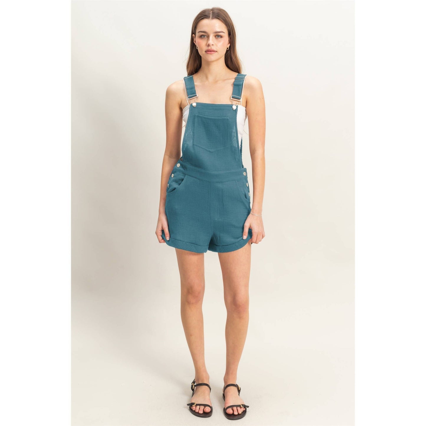 HF25C466-Double Gauze Front Pocket Overall Romper