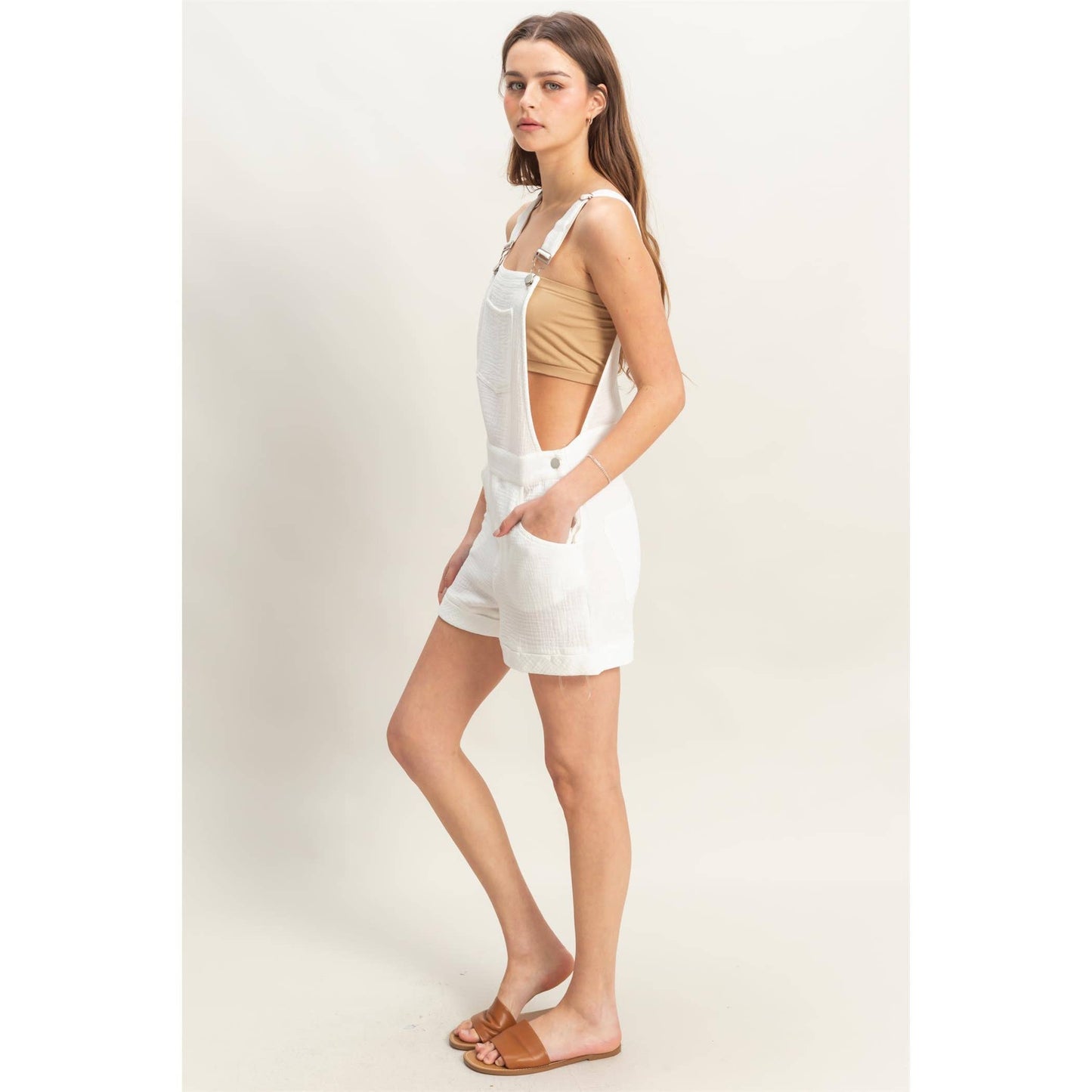 HF25C466-Double Gauze Front Pocket Overall Romper