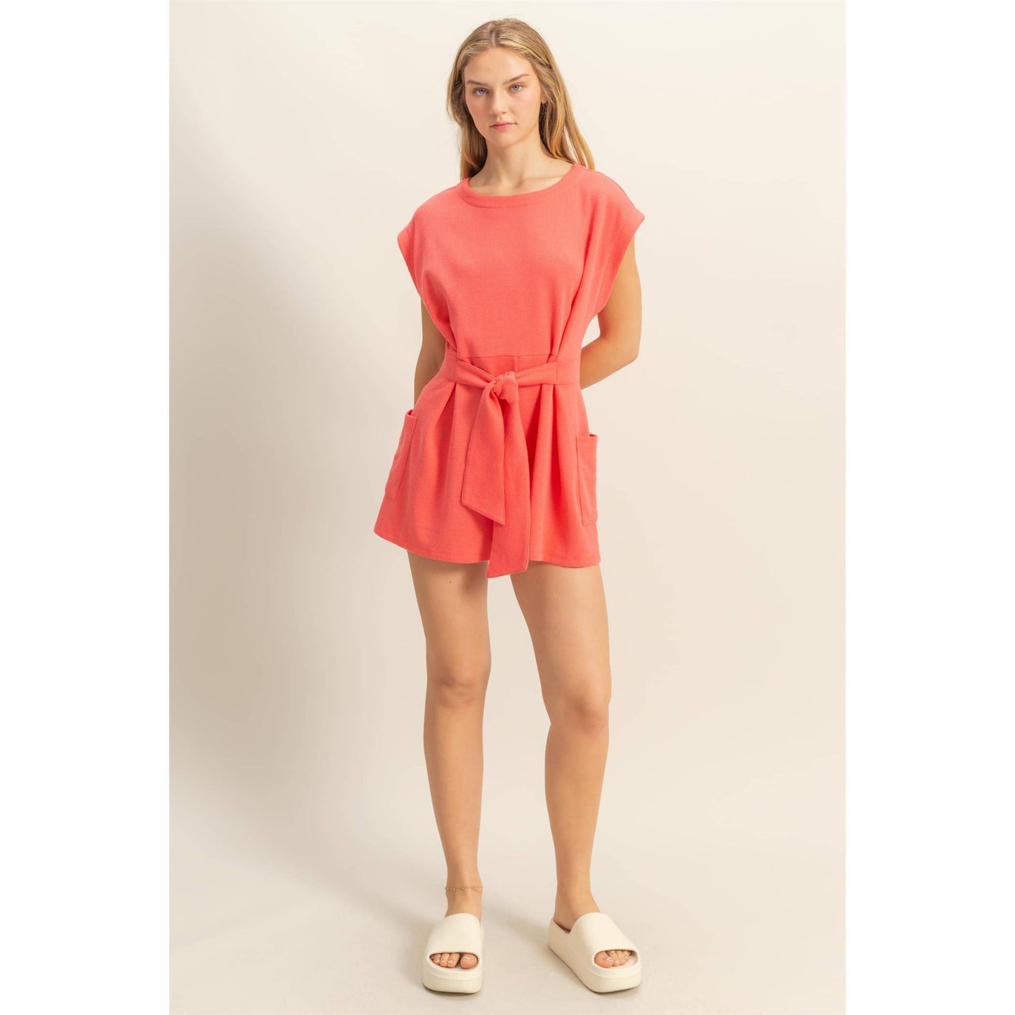 DZ25C387-Tie-Front Waffle Knitted Romper