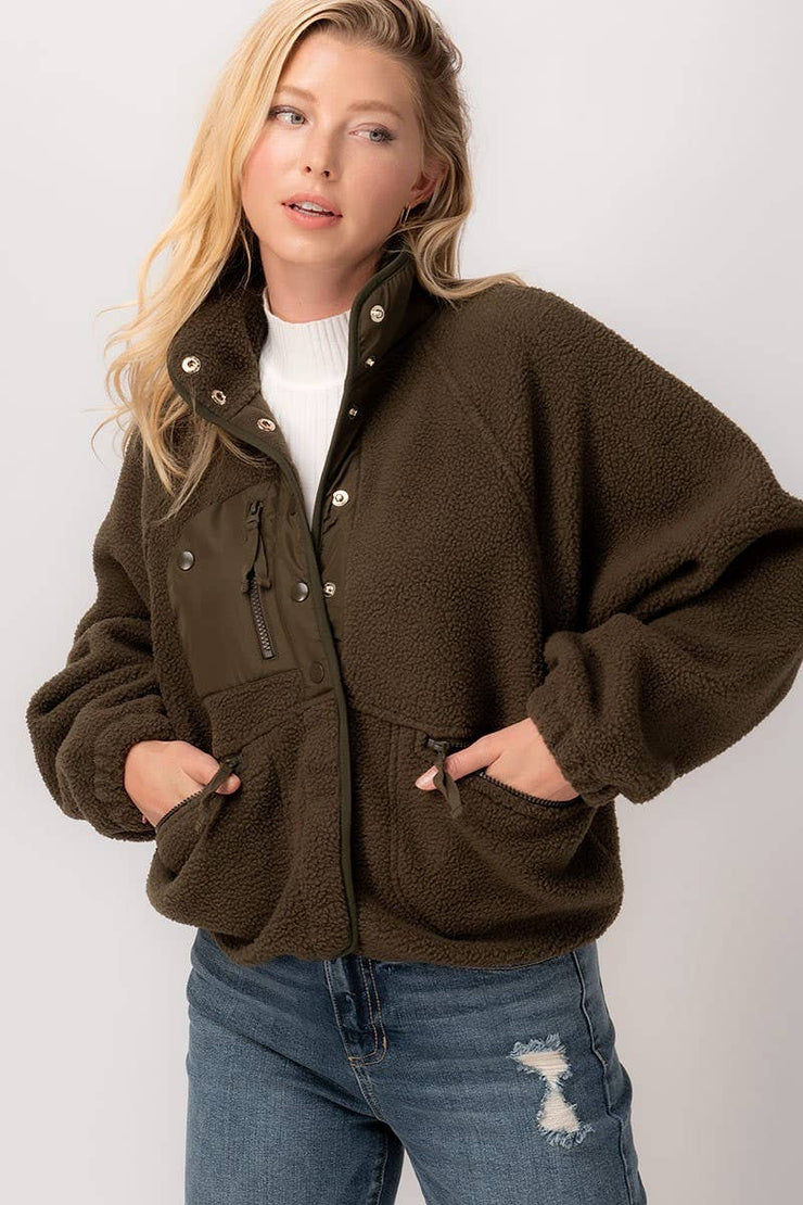 SHERPA FLEECE SNAP BUTTON ZIP POCKET JACKET