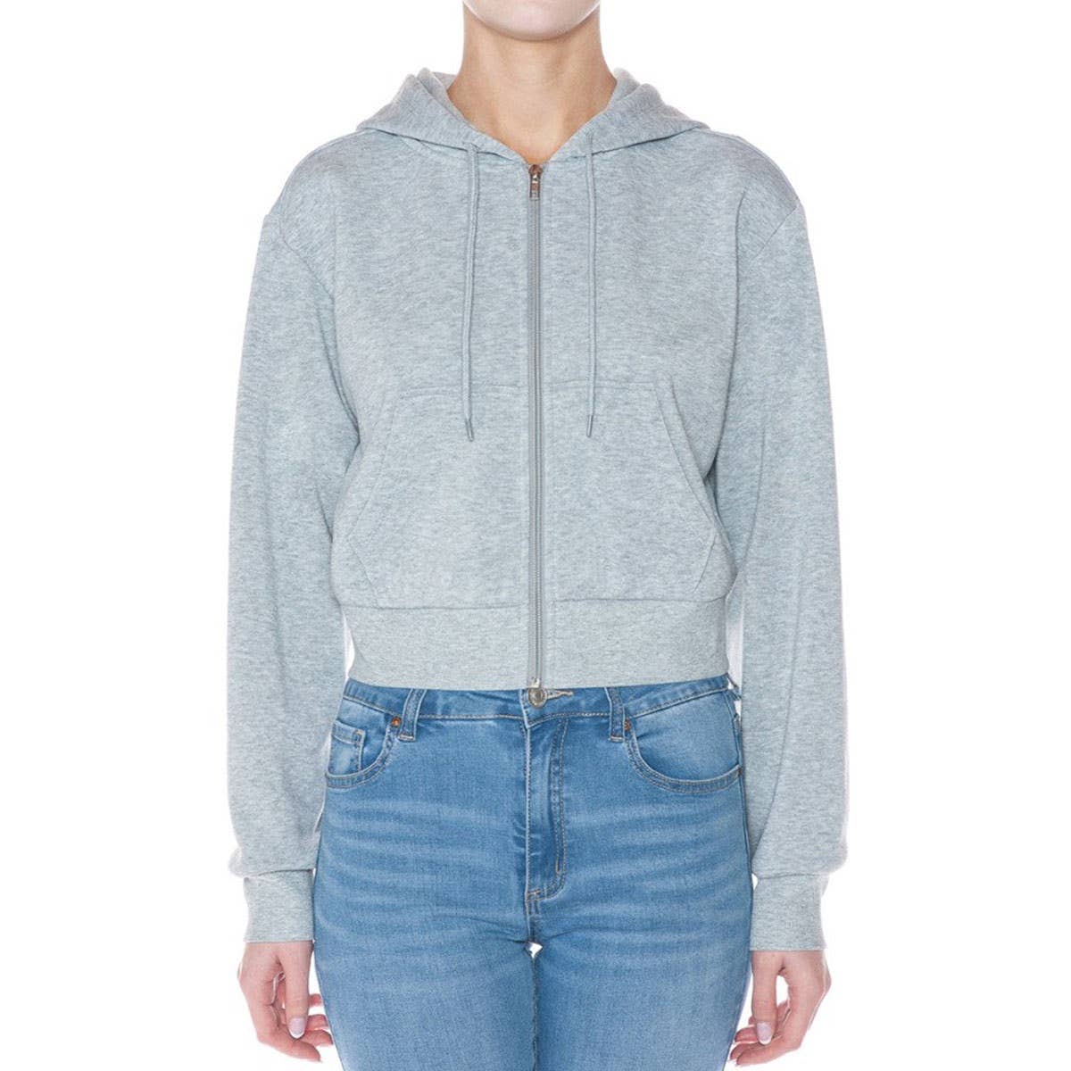 FLEECE LONG SLEEVE ZIP UP CROP HOODIE JACKET