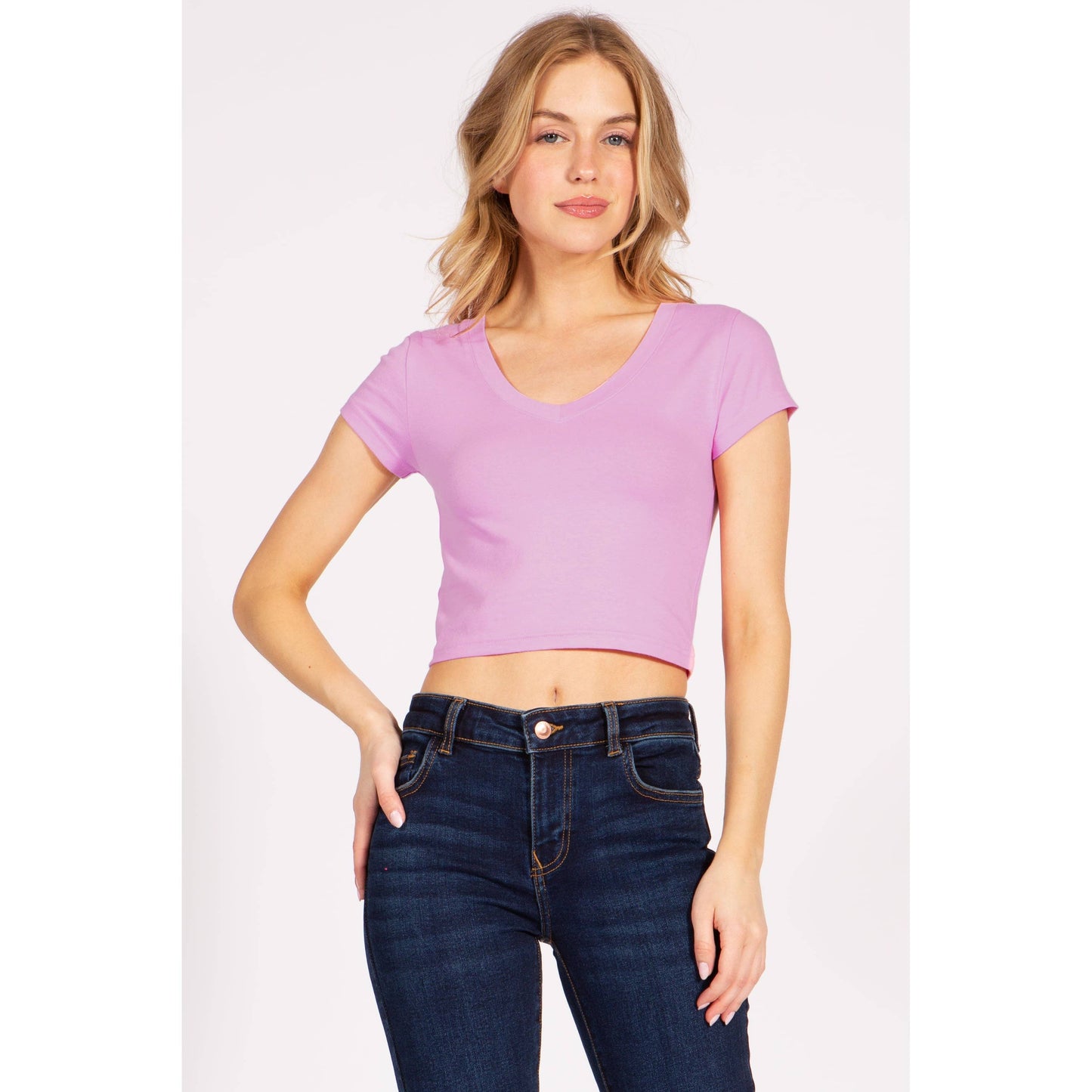 Short Sleeve V Neck Baby Tee Crop Top T Shirt