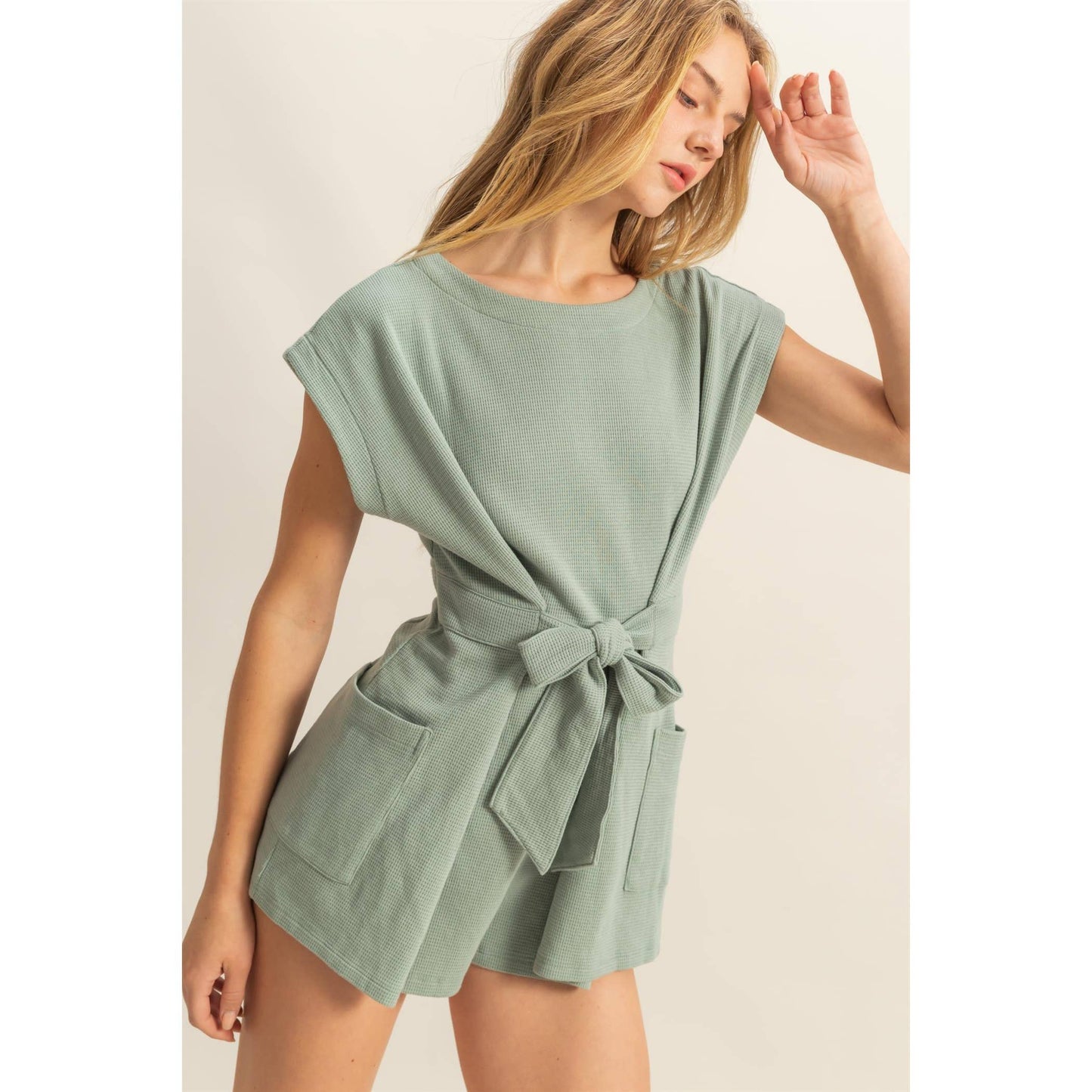 DZ25C387-Tie-Front Waffle Knitted Romper