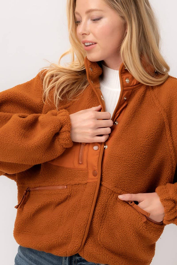 SHERPA FLEECE SNAP BUTTON ZIP POCKET JACKET