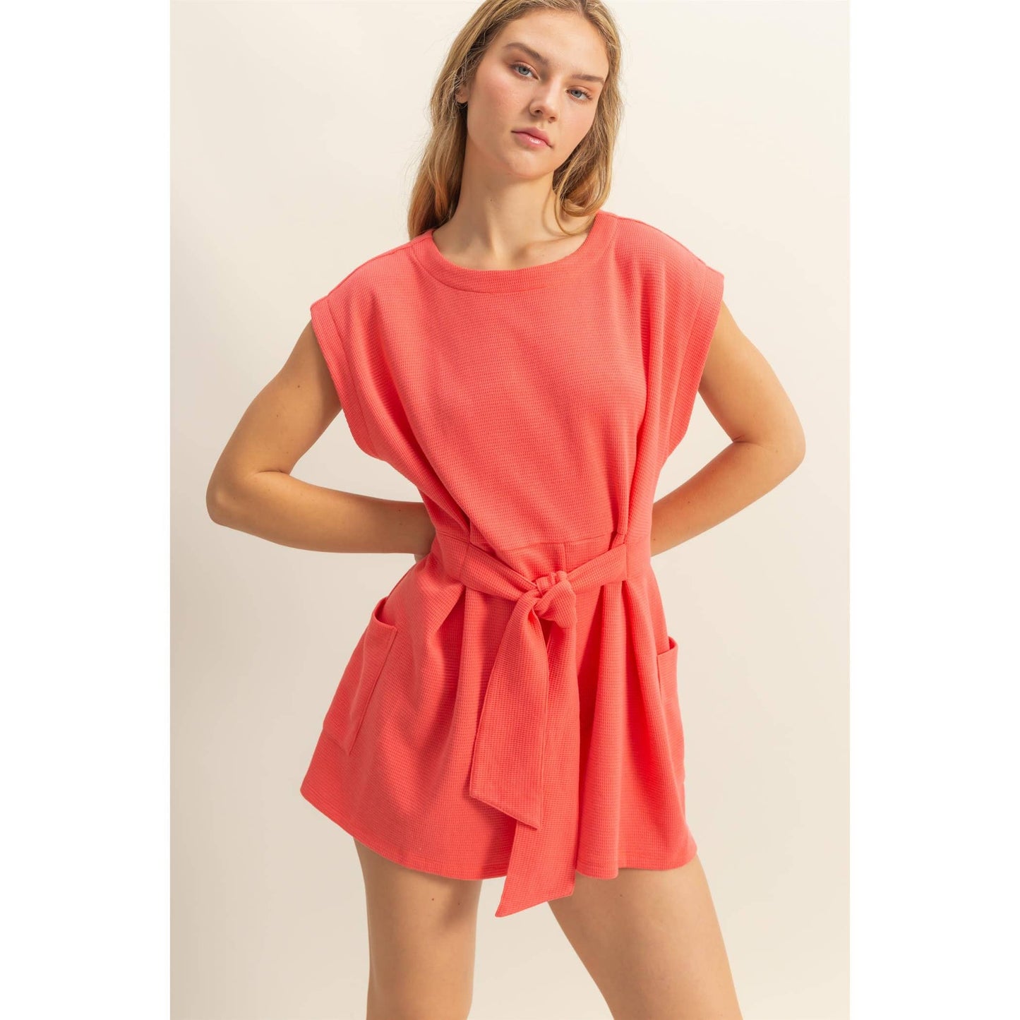 DZ25C387-Tie-Front Waffle Knitted Romper