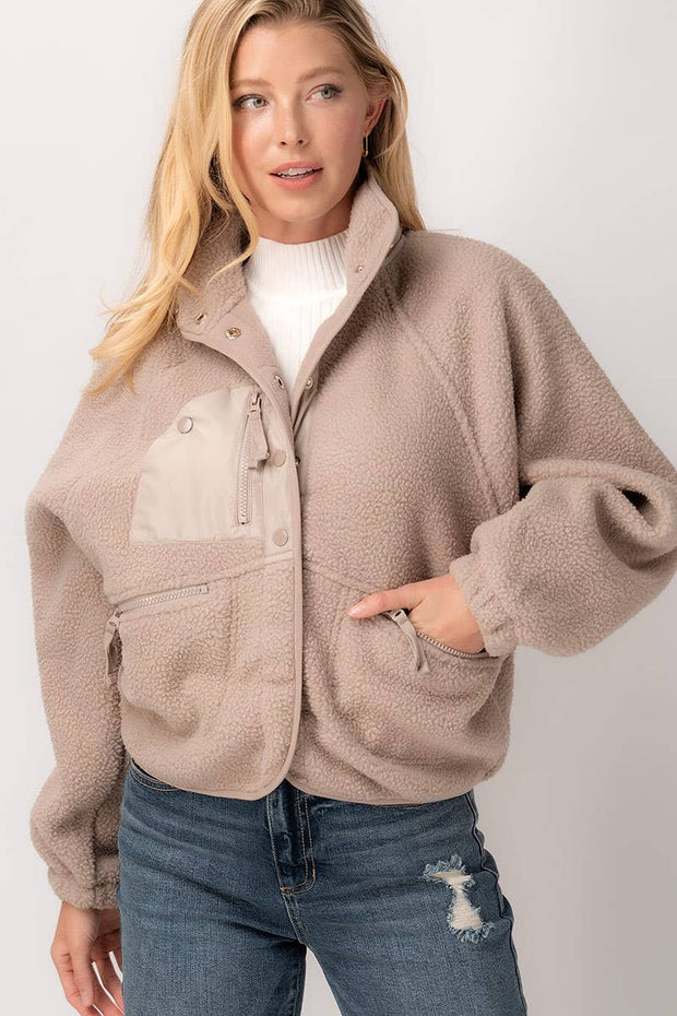 SHERPA FLEECE SNAP BUTTON ZIP POCKET JACKET