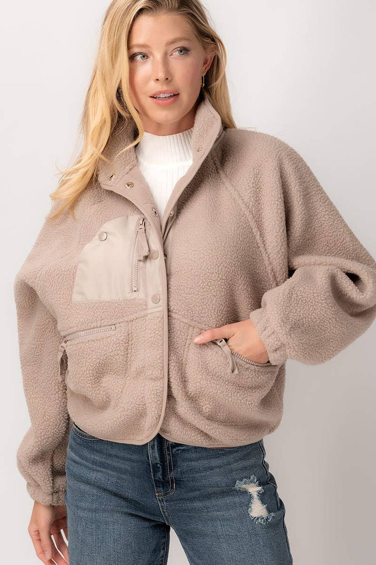 SHERPA FLEECE SNAP BUTTON ZIP POCKET JACKET