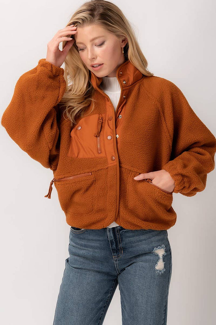 SHERPA FLEECE SNAP BUTTON ZIP POCKET JACKET