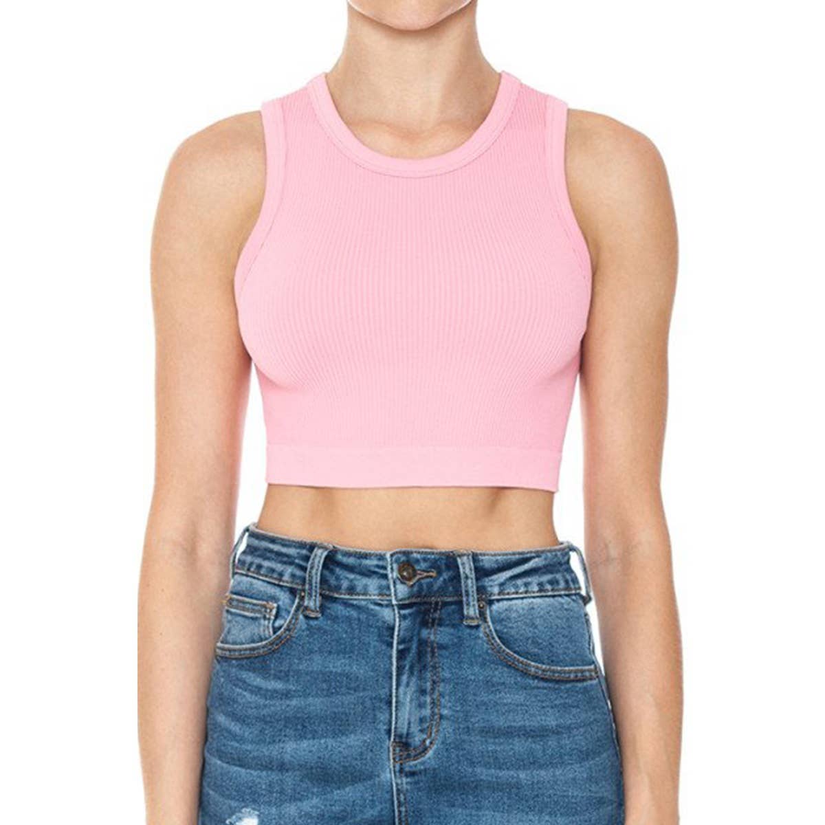 RIBBED ROUND NECK CROP SEAMLESS TANK TOP