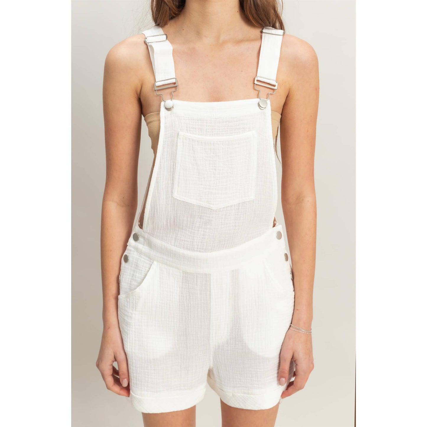 HF25C466-Double Gauze Front Pocket Overall Romper