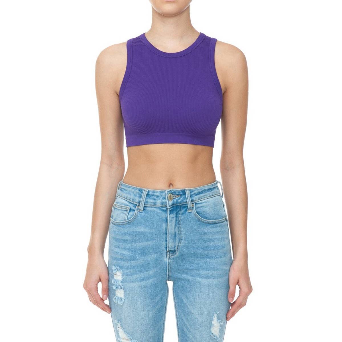 RIBBED ROUND NECK CROP SEAMLESS TANK TOP
