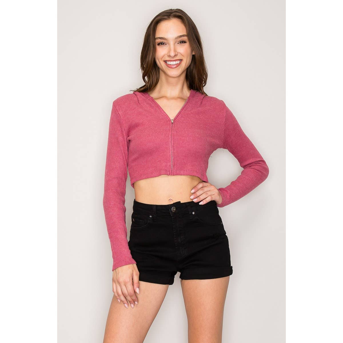 Hooded Zipper Front Rib Knit Cropped Jacket