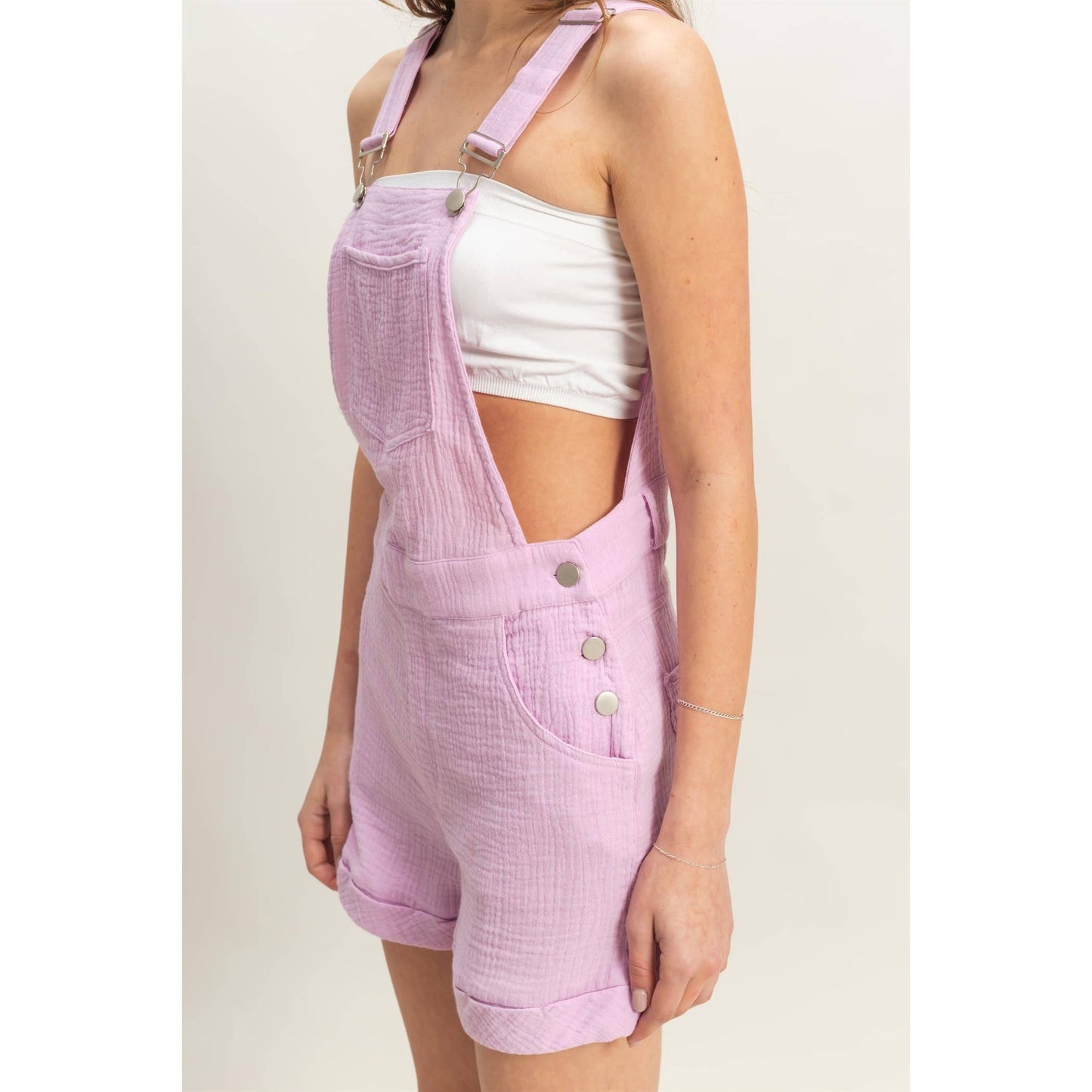 HF25C466-Double Gauze Front Pocket Overall Romper