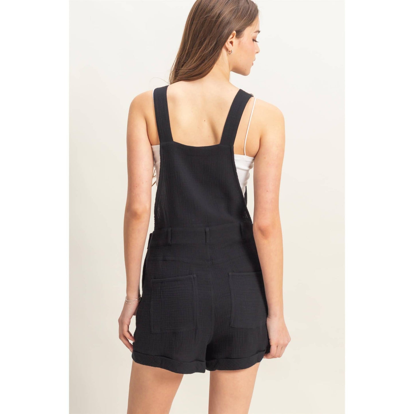 HF25C466-Double Gauze Front Pocket Overall Romper