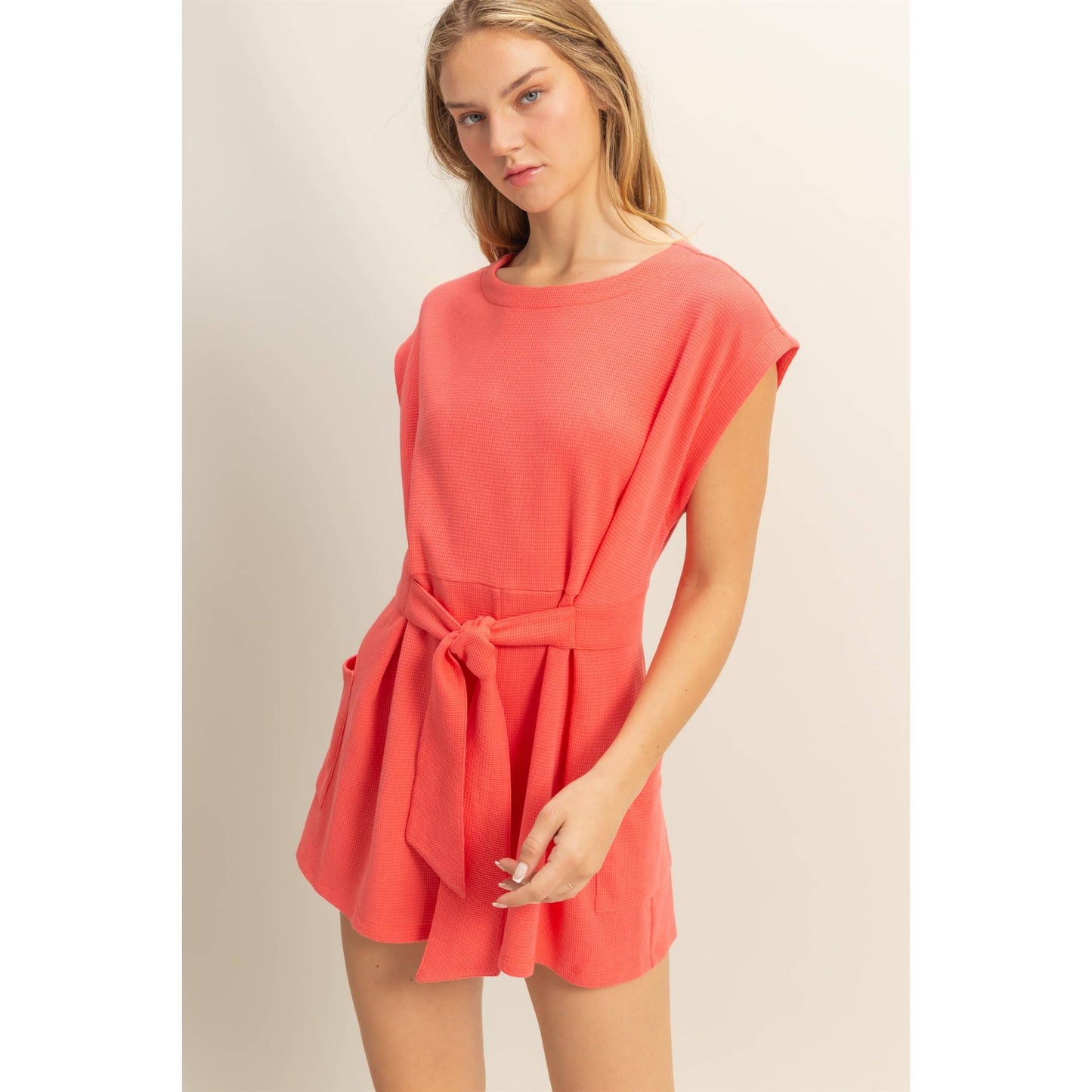 DZ25C387-Tie-Front Waffle Knitted Romper