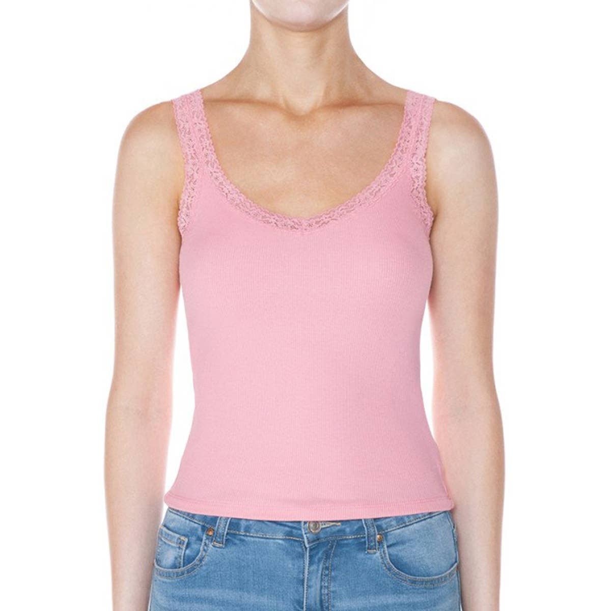 RIBBED V NECK LACE TRIMMED TANK TOP