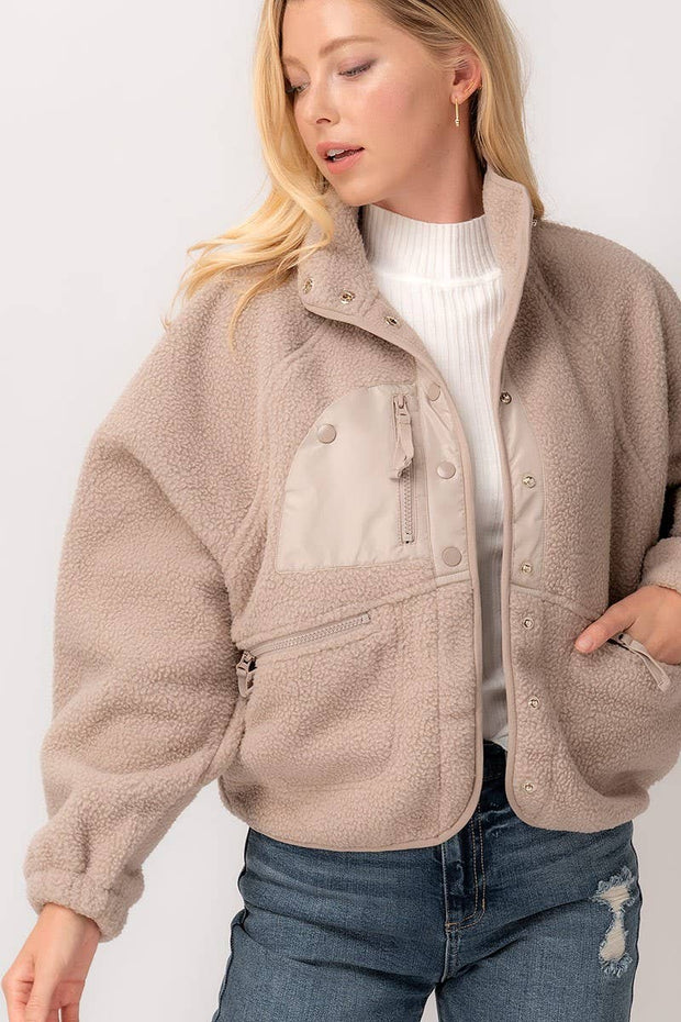 SHERPA FLEECE SNAP BUTTON ZIP POCKET JACKET