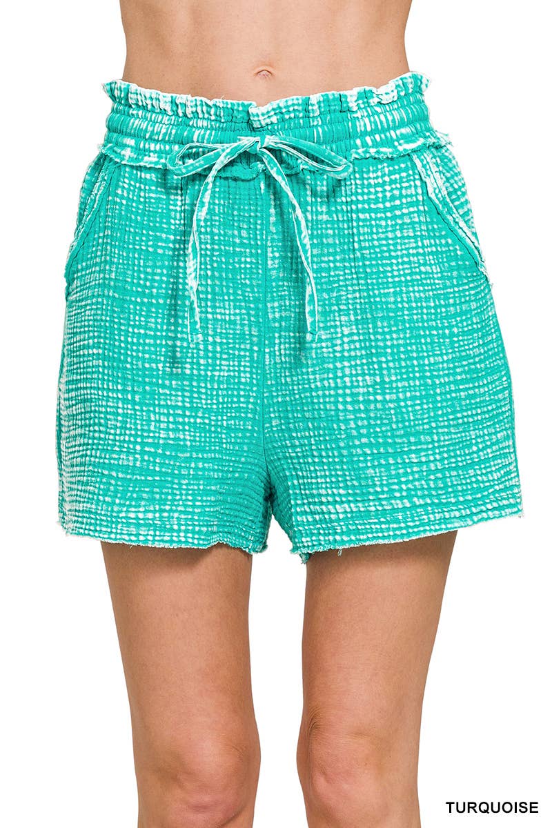 Washed Double Gauze Frayed Hem Drawstring Shorts