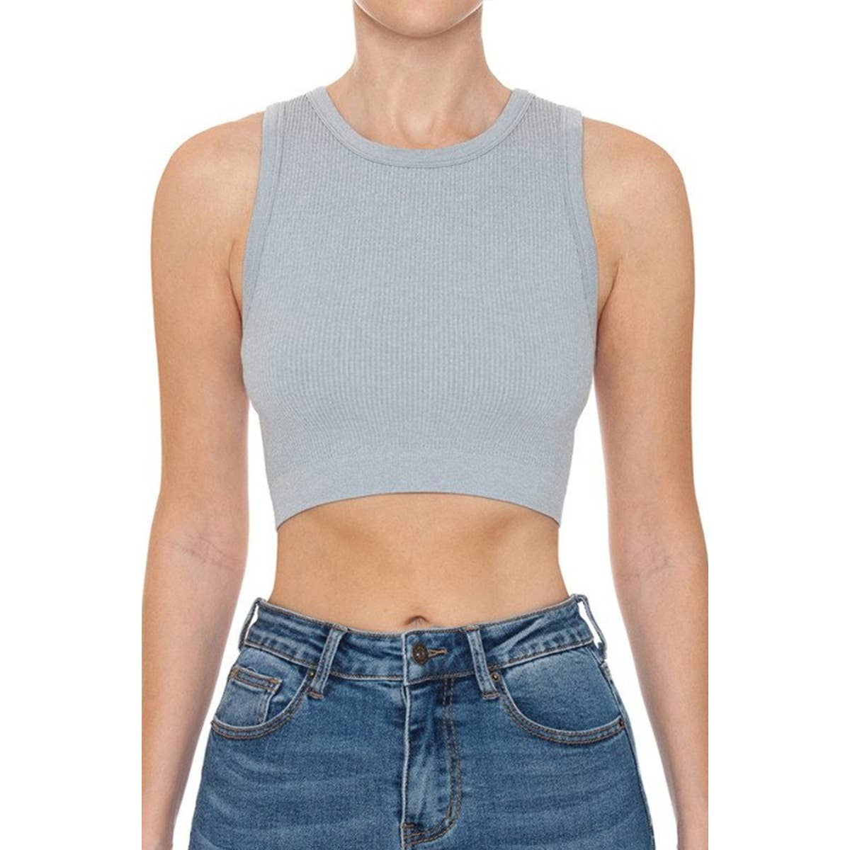 RIBBED ROUND NECK CROP SEAMLESS TANK TOP