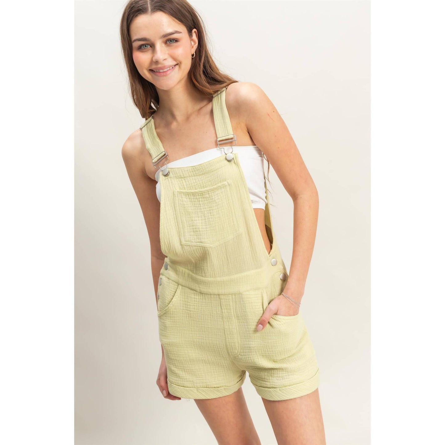 HF25C466-Double Gauze Front Pocket Overall Romper