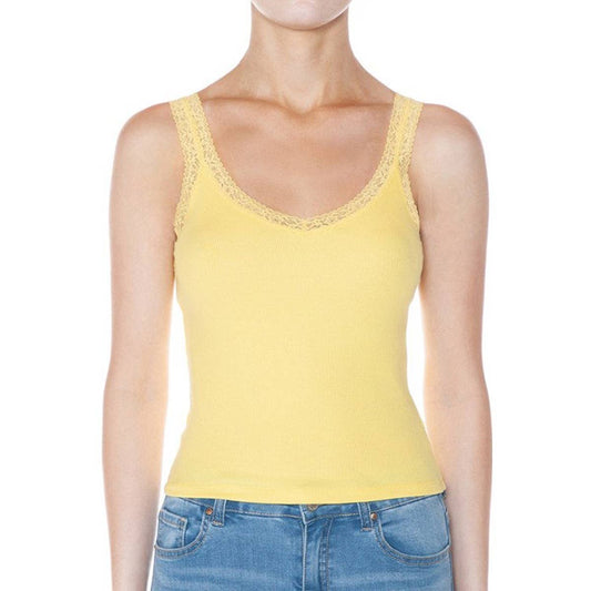 RIBBED V NECK LACE TRIMMED TANK TOP
