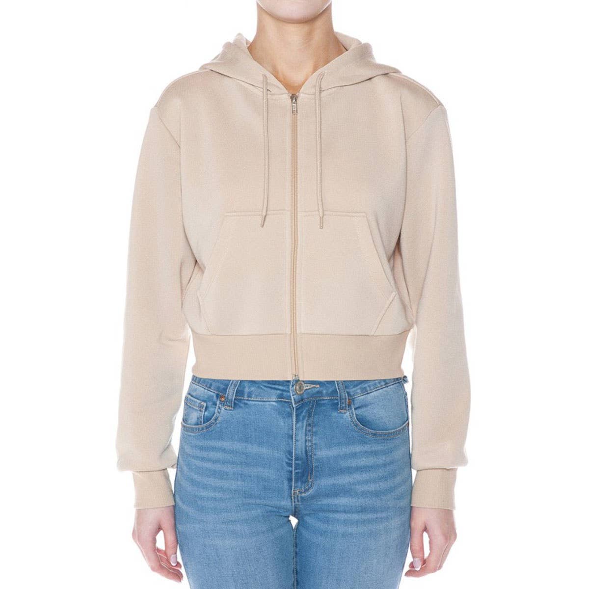 FLEECE LONG SLEEVE ZIP UP CROP HOODIE JACKET