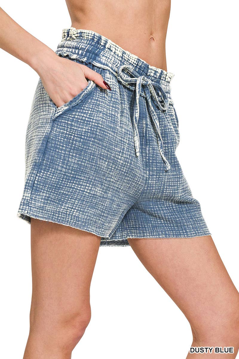 Washed Double Gauze Frayed Hem Drawstring Shorts