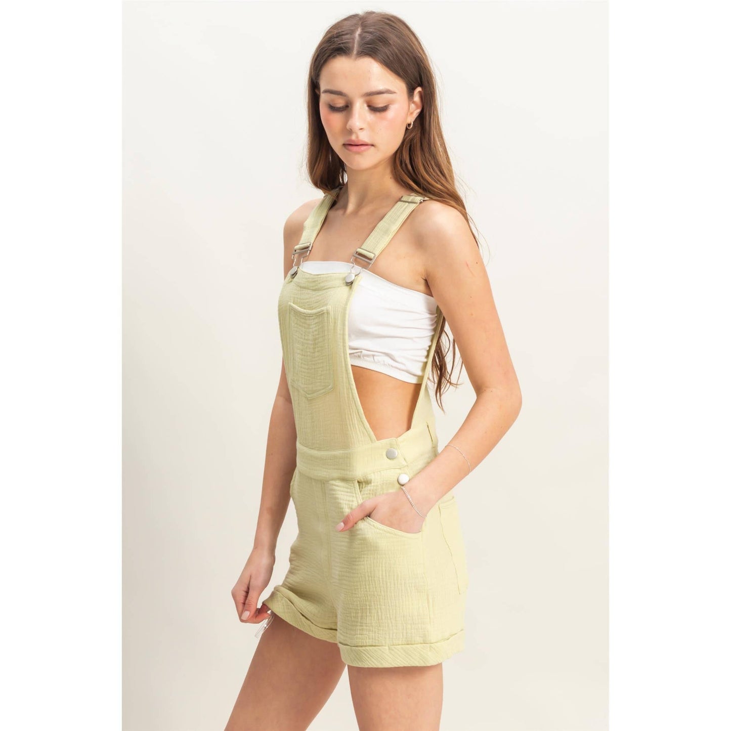 HF25C466-Double Gauze Front Pocket Overall Romper