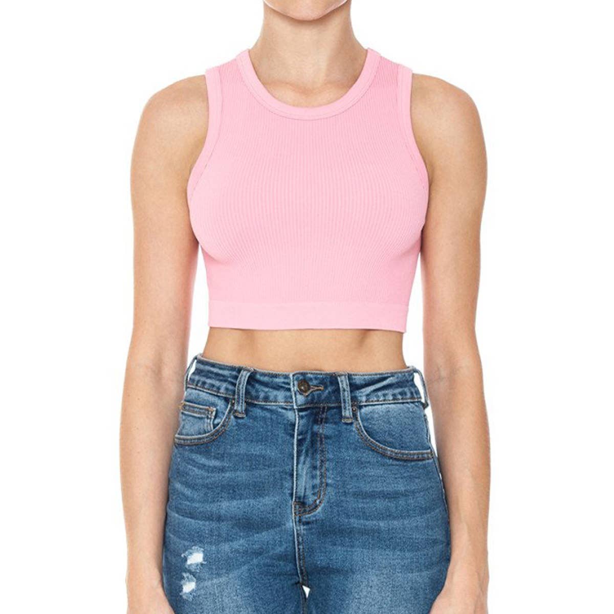 RIBBED ROUND NECK CROP SEAMLESS TANK TOP