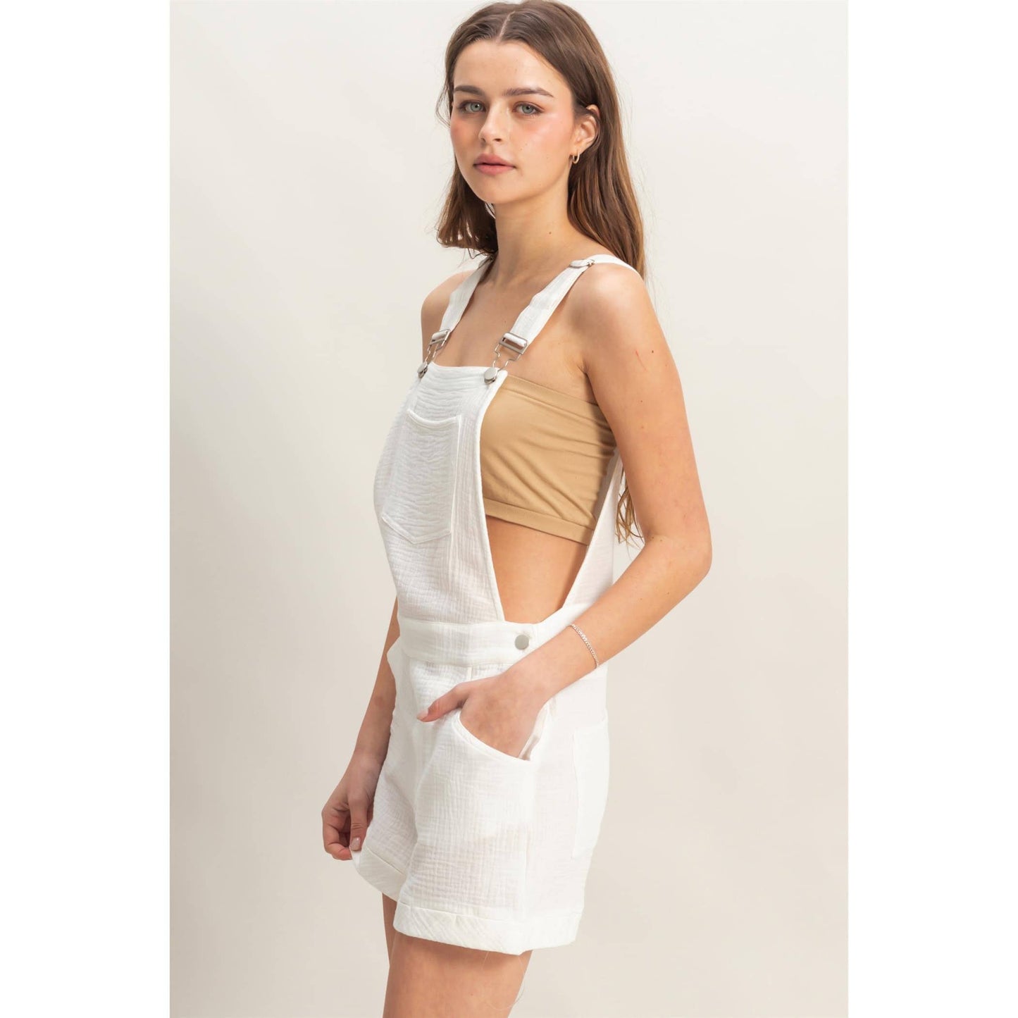 HF25C466-Double Gauze Front Pocket Overall Romper