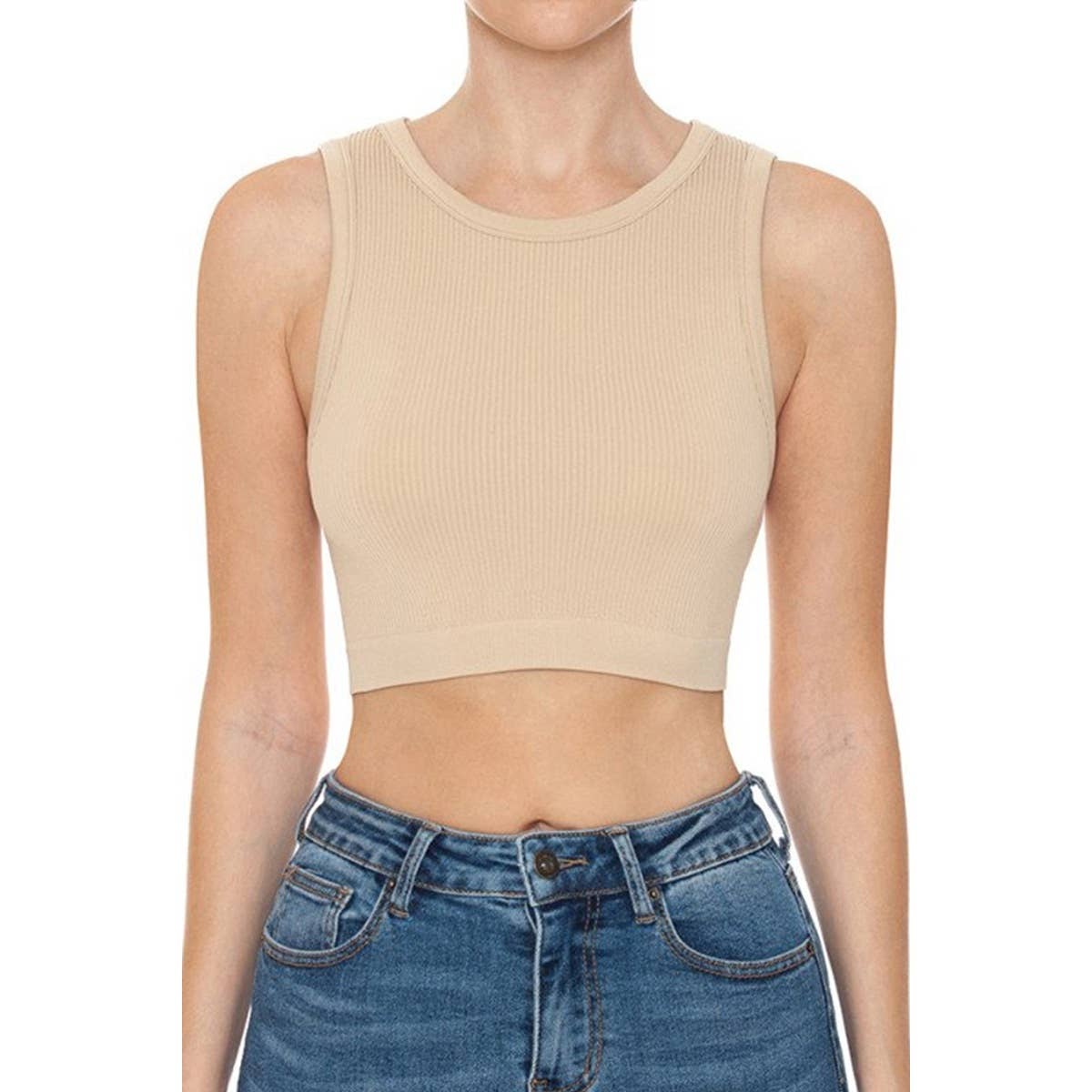 RIBBED ROUND NECK CROP SEAMLESS TANK TOP