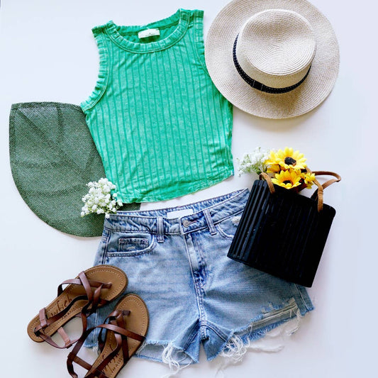 ` SI-25603 Ribbed Boat Neck Cropped Sleeveless Top