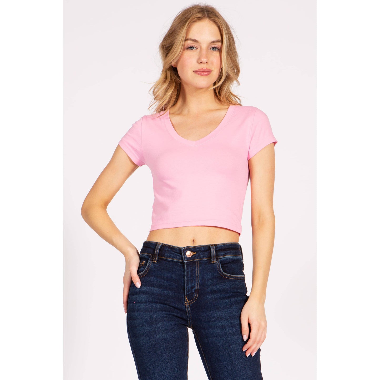 Short Sleeve V Neck Baby Tee Crop Top T Shirt