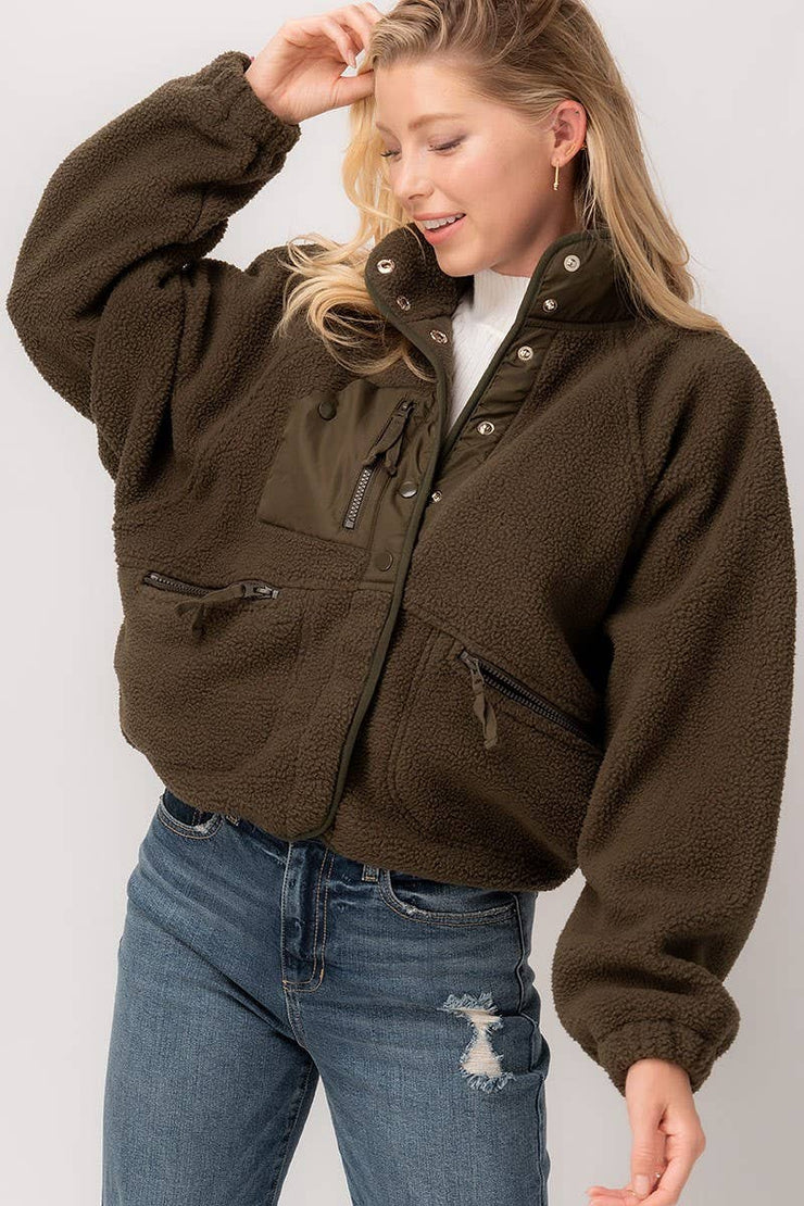 SHERPA FLEECE SNAP BUTTON ZIP POCKET JACKET