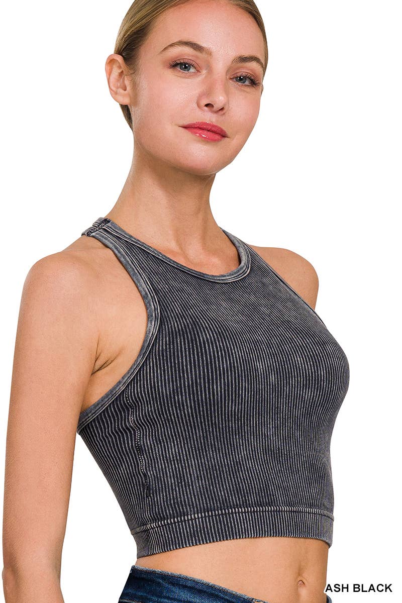 Stone Washed Ribbed Cropped Bra Padded Top