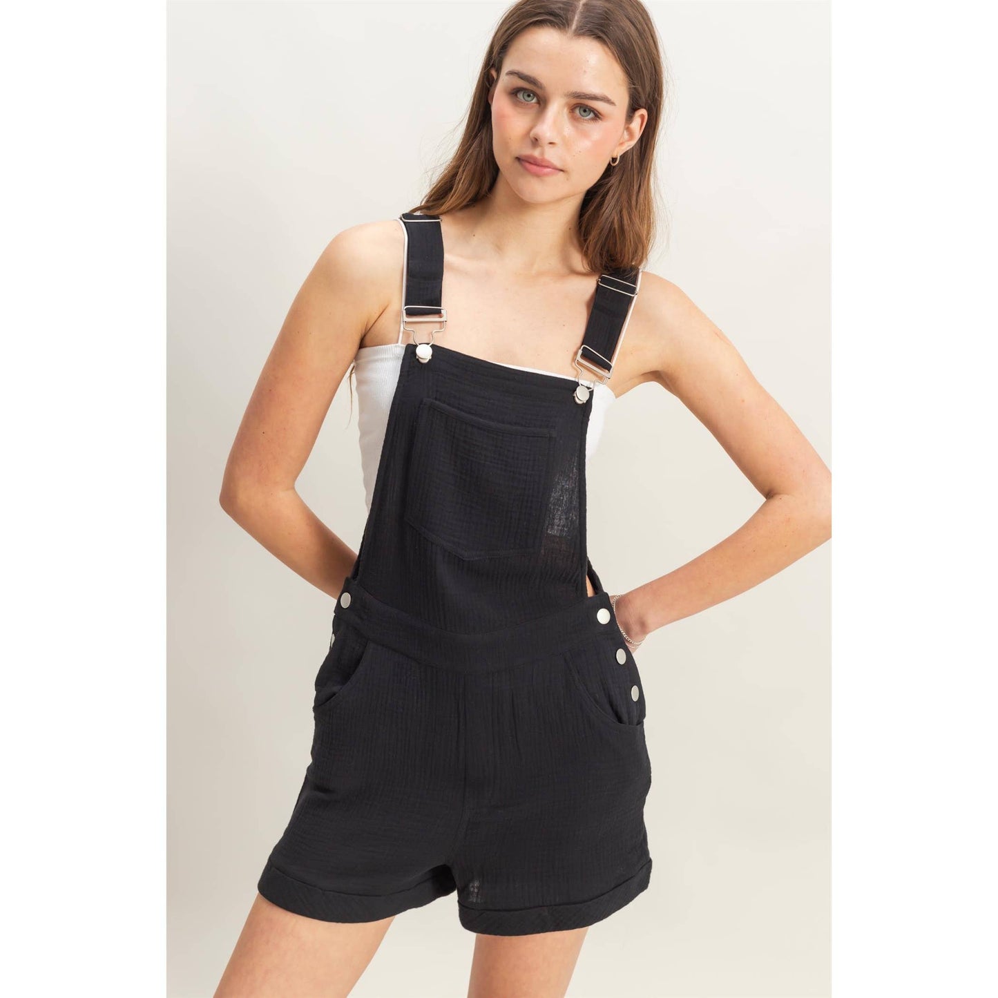 HF25C466-Double Gauze Front Pocket Overall Romper